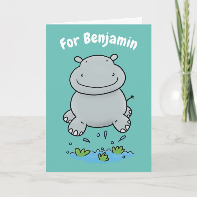 Cute hippo jumping cartoon personalized birthday card (Front)