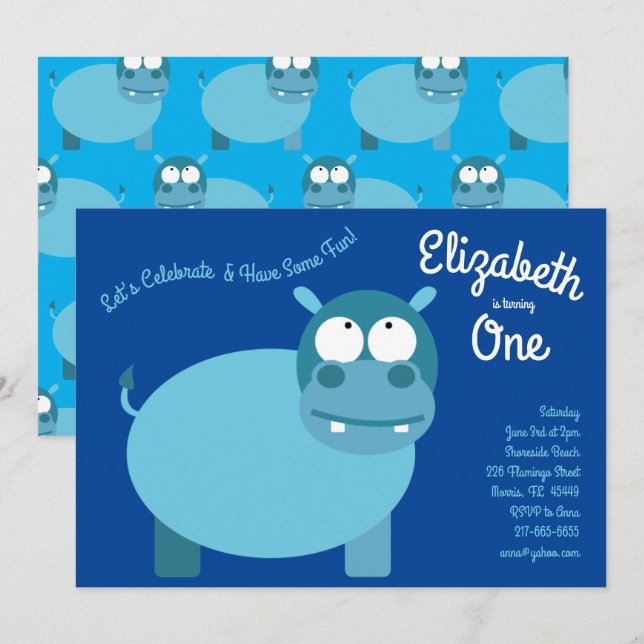 Cute Hippo Kids 1st Birthday Party Invitations (Front/Back)