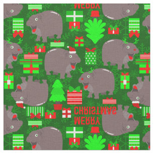 cute hippo merry christmas hippopotamus fabric