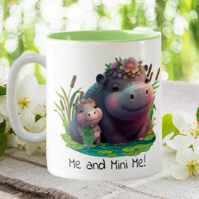 Cute Hippo Mom and Baby Personalized  Two-Tone Coffee Mug (Creator Uploaded)