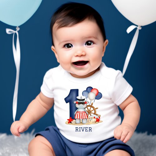 Cute Hippo Nautical 1st Birthday Boy Baby T_Shirt