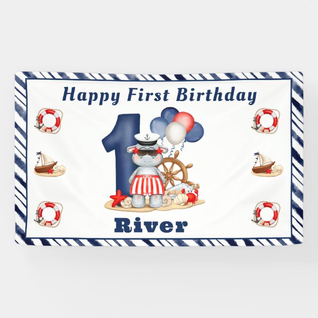 Cute Hippo Nautical 1st Birthday Boy Banner (Horizontal)
