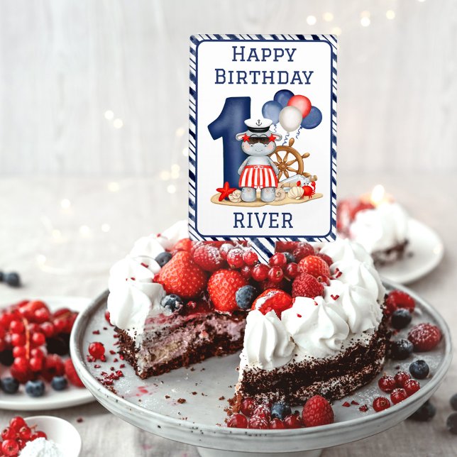 Cute Hippo Nautical 1st Birthday Boy Cake Topper (Creator Uploaded)
