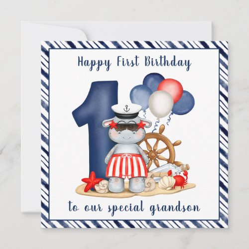 Cute Hippo Nautical 1st Birthday Boy Card