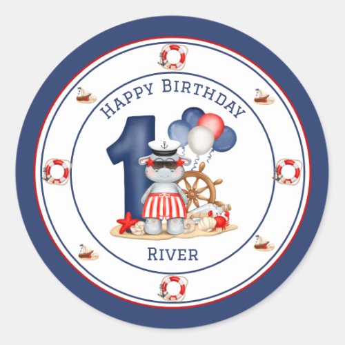 Cute Hippo Nautical 1st Birthday Boy Classic Round Sticker