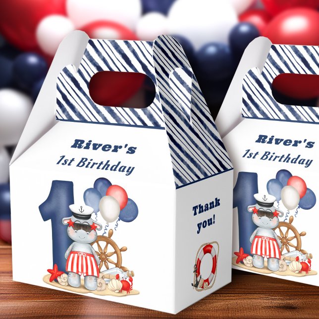 Cute Hippo Nautical 1st Birthday Boy Favor Boxes (Cute Hippo Nautical 1st Birthday Boy Favor Box)