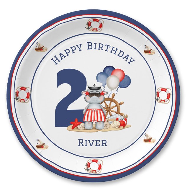 Cute Hippo Nautical Birthday Boy Blue Custom Age Paper Plates (Cute Hippo Nautical Birthday Boy Blue Custom Age Paper Plates)