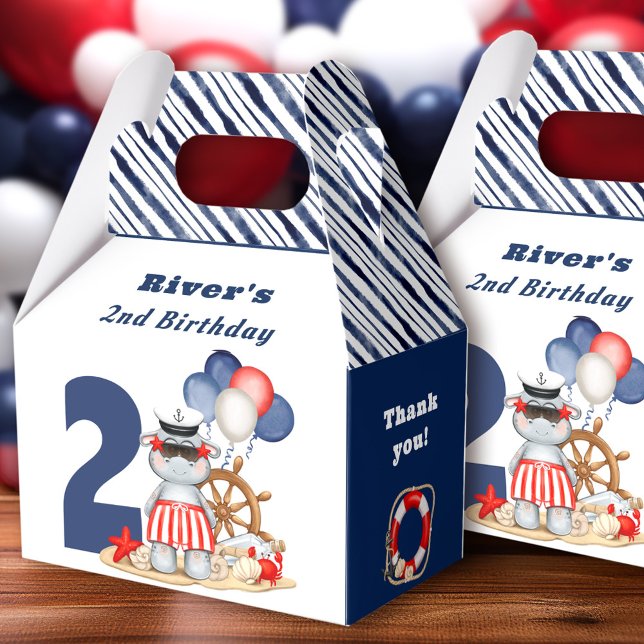 Cute Hippo Nautical Blue 2nd Birthday Boy Favor Boxes (Cute Hippo Nautical Blue 2nd Birthday Boy Favor Box)