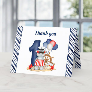 Cute Hippo Nautical Navy Blue 1st Birthday Boy Thank You Card