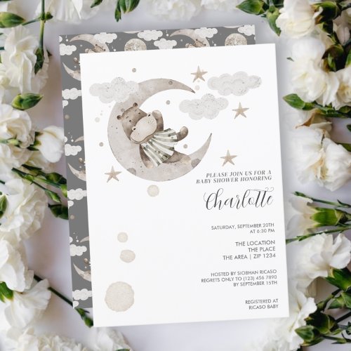 Cute Hippo on the Moon Baby Shower Invitation