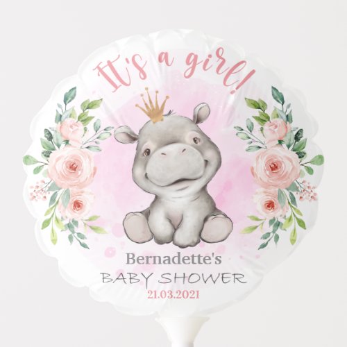 Cute Hippo Princess Girl Birthday Baby Shower Balloon