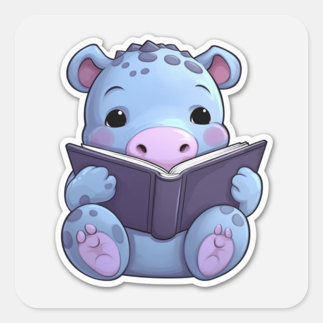 Cute Hippo Reading Square Sticker (Front)