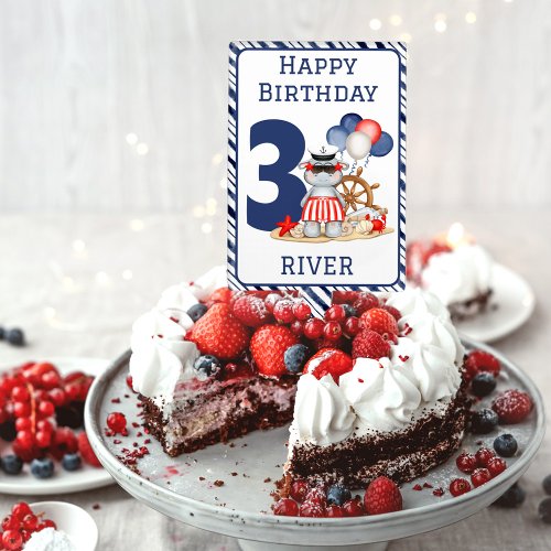 Cute Hippo Sailor Nautical Birthday Boy Cake Topper