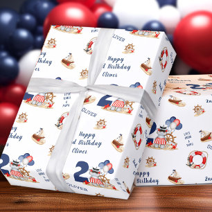 Cute Hippo Sailor Nautical Boat 2nd Birthday Name Wrapping Paper