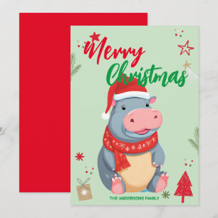 Cute HIPPO santa Christmas Holiday Family name Card
