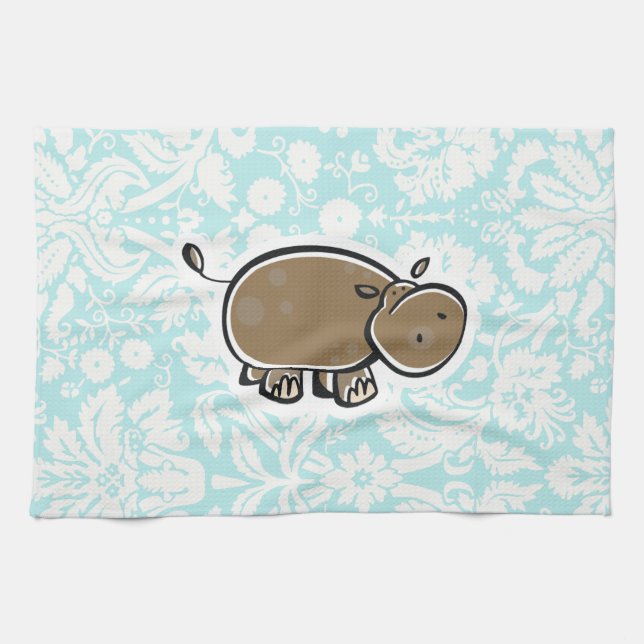 Cute Hippo; Teal Kitchen Towel (Horizontal)