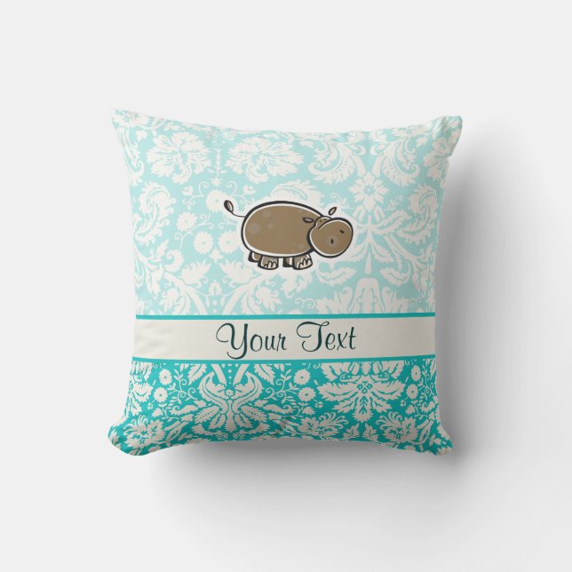Cute Hippo; Teal Throw Pillow (Front)