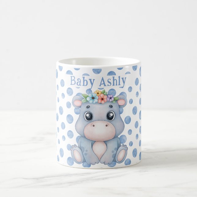 Cute hippo with baby name blue polka dots coffee mug (Center)