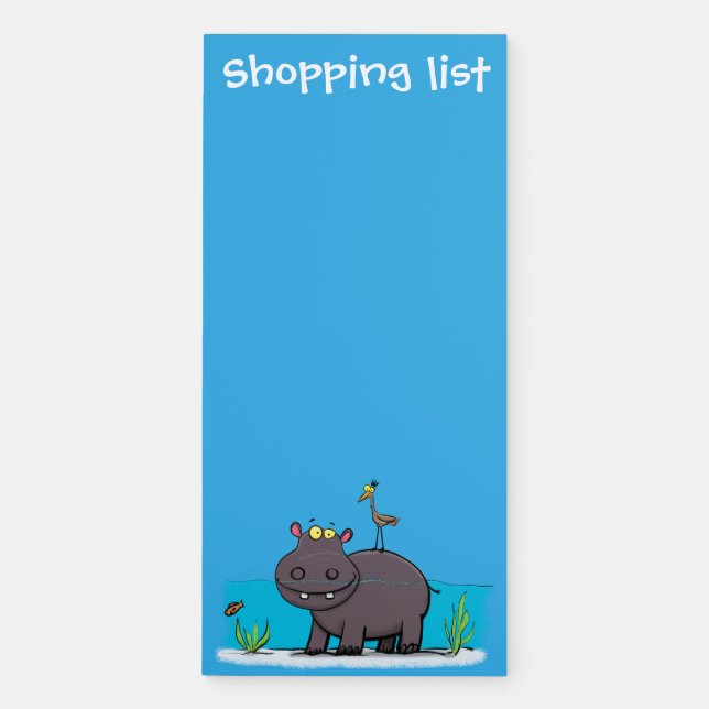 Cute hippo with bird birthday greeting cartoon magnetic notepad (Front)