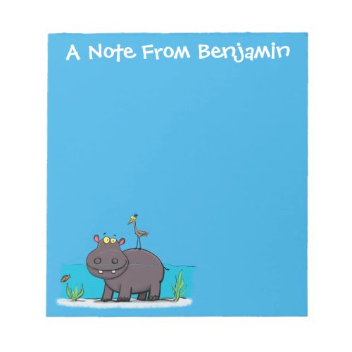 Cute hippo with bird birthday greeting cartoon notepad