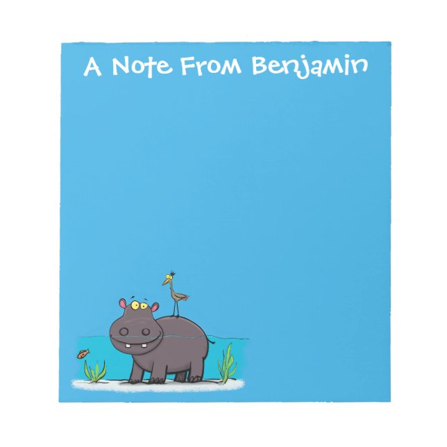 Cute hippo with bird birthday greeting cartoon notepad (Front)