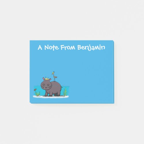 Cute hippo with bird birthday greeting cartoon post_it notes