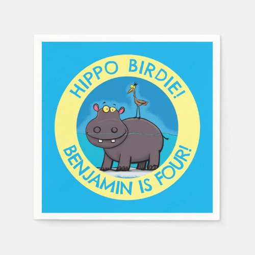 Cute hippo with bird personalised birthday cartoon napkins