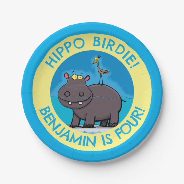 Cute hippo with bird personalized birthday cartoon paper plates (Front)
