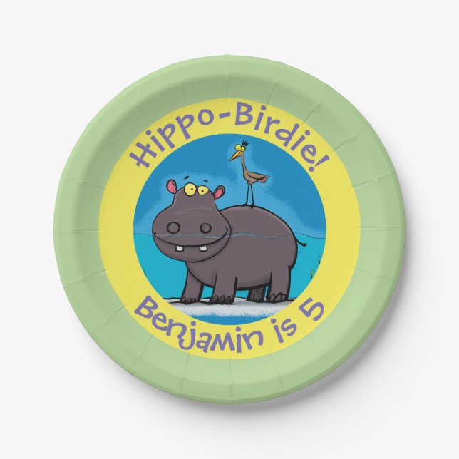 Cute hippo with bird personalized birthday cartoon paper plates (Front)