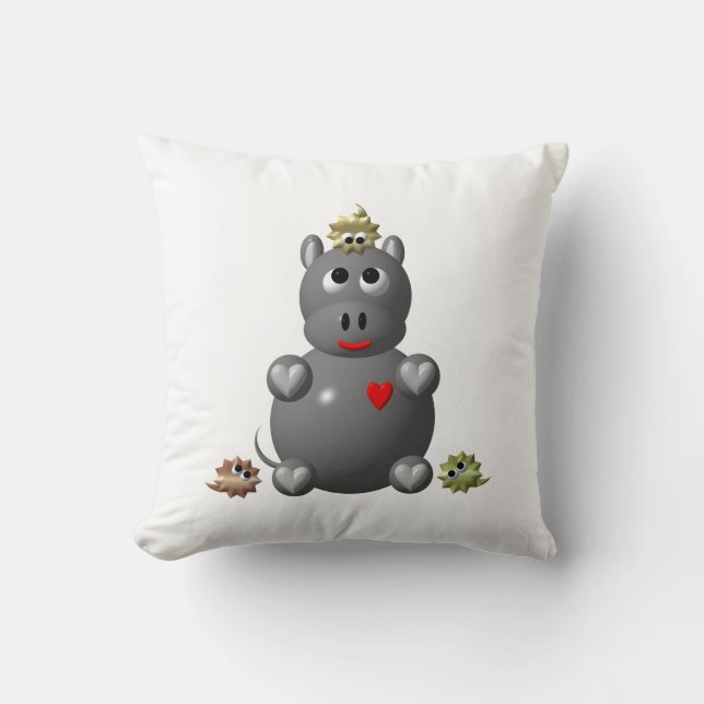 Cute Hippo with Hamsters Throw Pillow (Front)