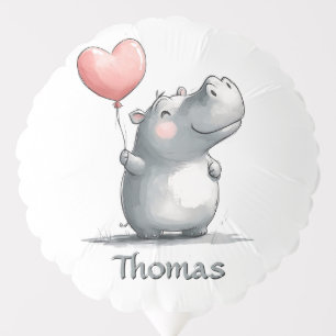 Cute Hippo with Heart Balloon Illustration