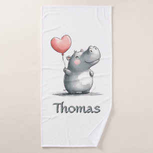 Cute Hippo with Heart Balloon Illustration Bath Towel