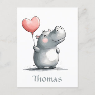 Cute Hippo with Heart Balloon Illustration Postcard