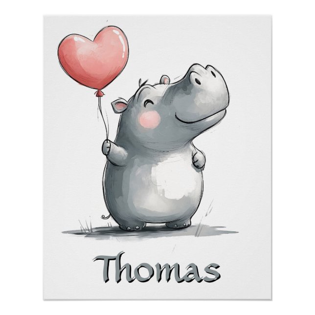 Cute Hippo with Heart Balloon Illustration Poster (Front)