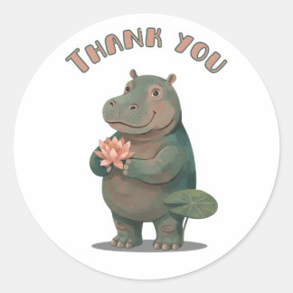 Cute Hippo with Lotus Flower Illustration Classic Round Sticker