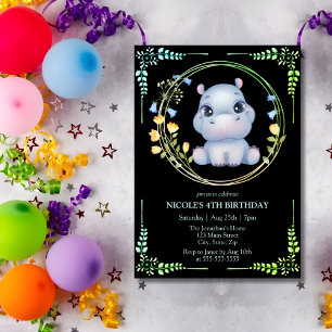 Cute Hippopotamus Flower Wreath 4th Birthday Black Invitation