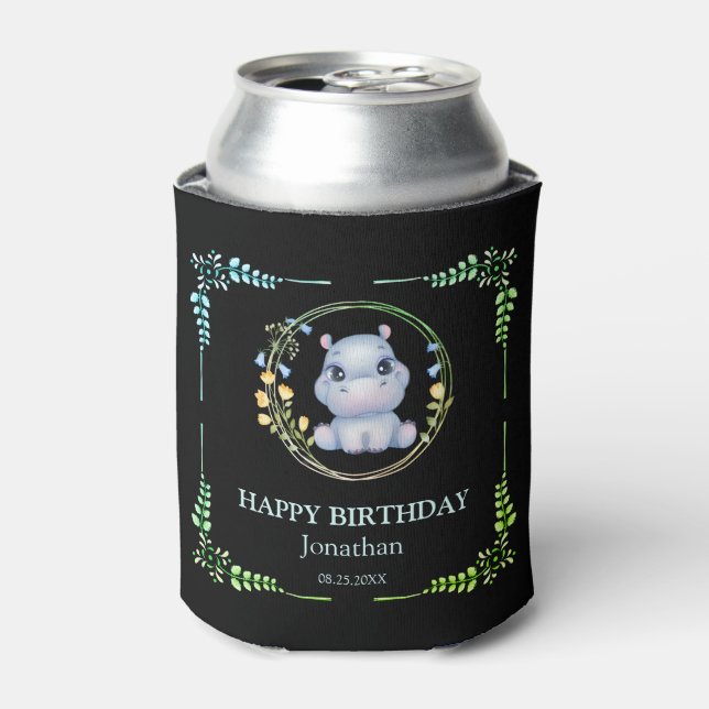 Cute Hippopotamus Flower Wreath Birthday Black Can Cooler (Can Front)