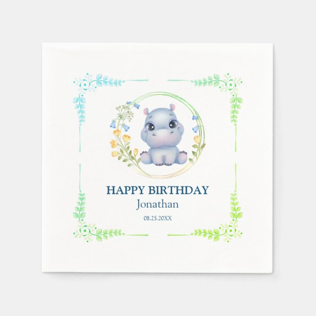 Cute Hippopotamus Flower Wreath Happy Birthday  Napkins (Front)