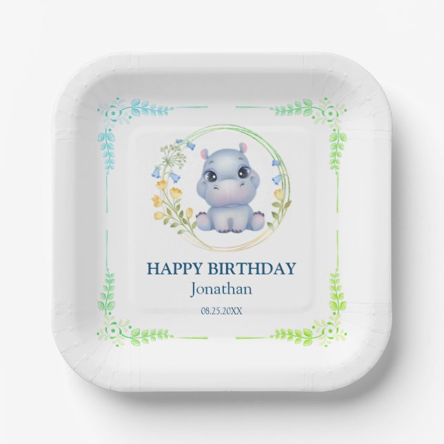 Cute Hippopotamus Flower Wreath Happy Birthday  Paper Plates (Front)