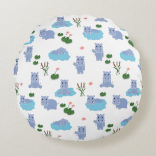 Cute Hippopotamus Hippo Pattern Kids Bedroom Round Pillow