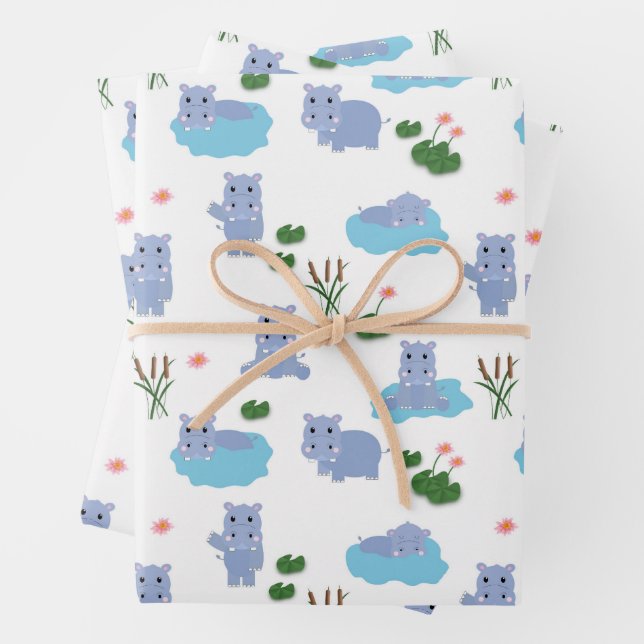 Cute Hippopotamus Hippo Pattern Wrapping Paper Sheets (In situ)