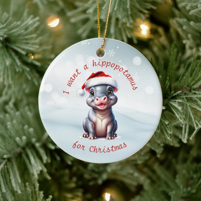 Cute Hippopotamus Santa Hat Snowy Christmas  Ceramic Ornament (Tree)