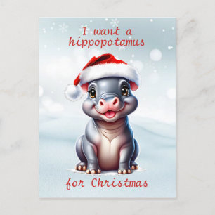 Cute Hippopotamus Santa Hat Snowy Christmas Holiday Postcard