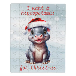 Cute Hippopotamus Santa Hat Snowy Christmas Jigsaw Puzzle