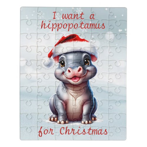 Cute Hippopotamus Santa Hat Snowy Christmas  Jigsaw Puzzle