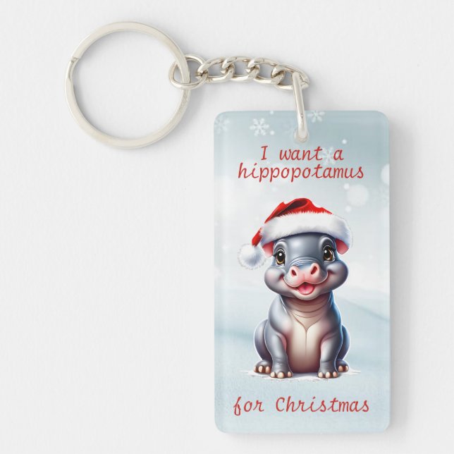 Cute Hippopotamus Santa Hat Snowy Christmas  Keychain (Front)