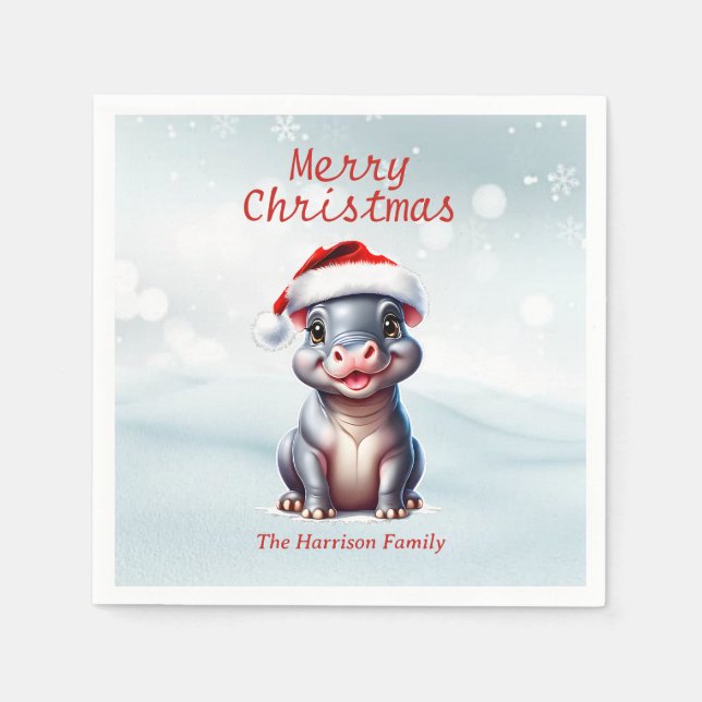 Cute Hippopotamus Santa Hat Snowy Christmas  Napkins (Front)