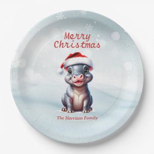 Cute Hippopotamus Santa Hat Snowy Christmas  Paper Plates