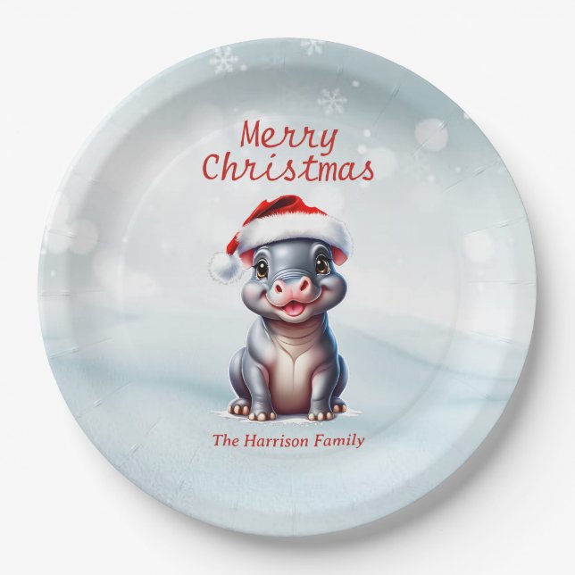 Cute Hippopotamus Santa Hat Snowy Christmas  Paper Plates (Front)
