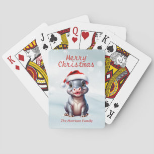 Cute Hippopotamus Santa Hat Snowy Christmas Poker Cards